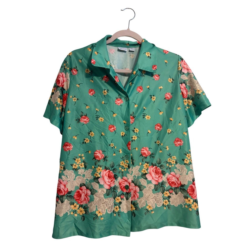 Haband Button Up Top Cottagecore Green Floral Rose Lace Print Large